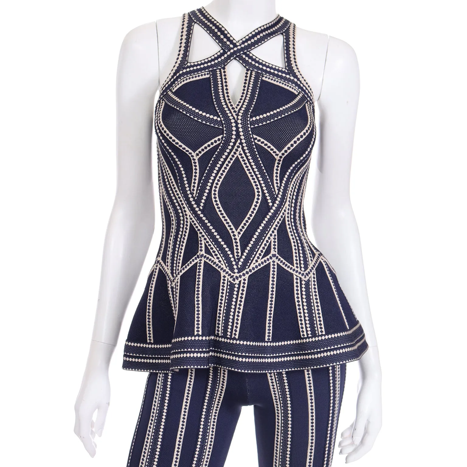 2016 Herve Leger Runway Bodycon Cutout Top and Flared Pants Outfit