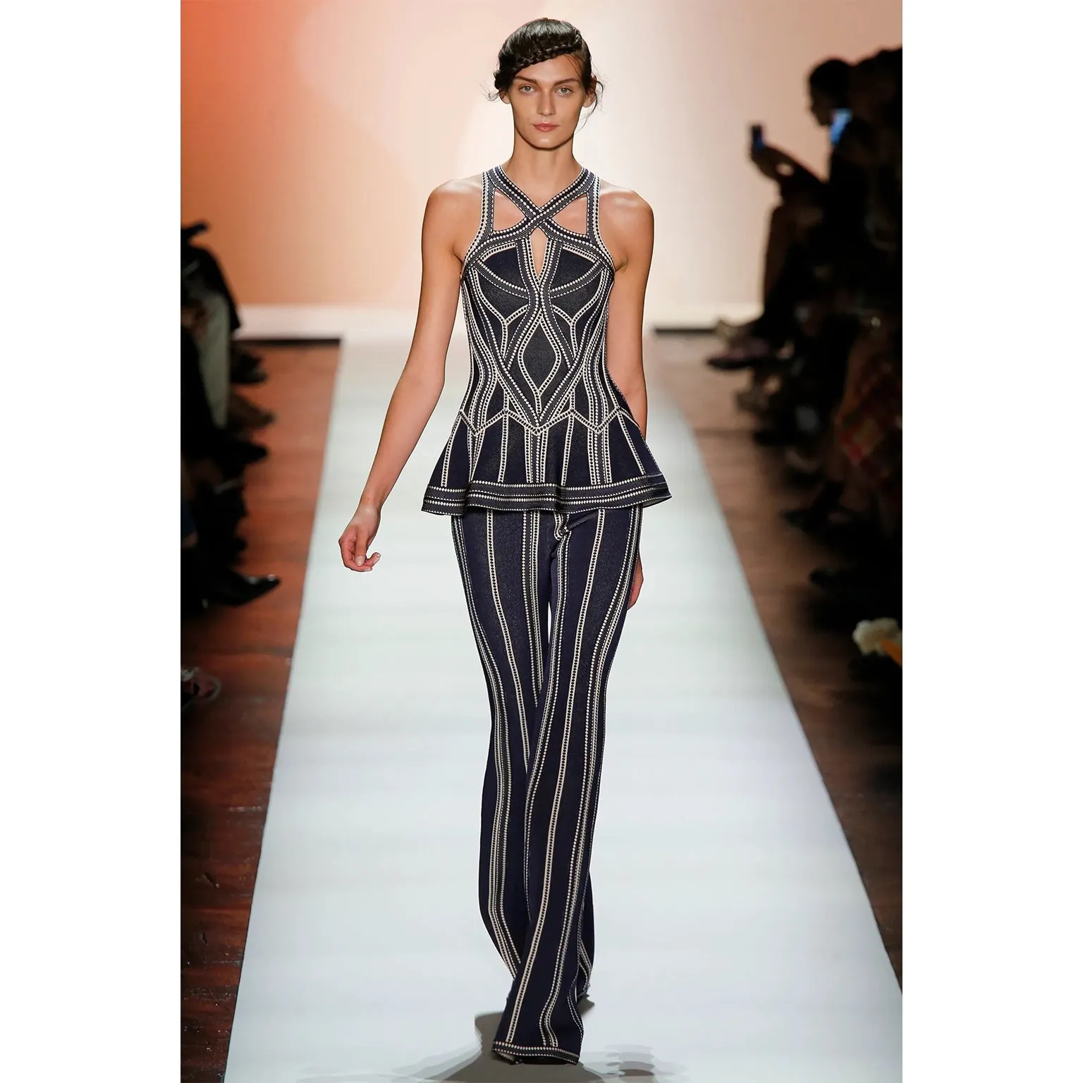 2016 Herve Leger Runway Bodycon Cutout Top and Flared Pants Outfit