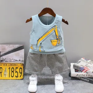 2pcs Cute Backhoe Prints Top and Pants Wholesale children's clothing