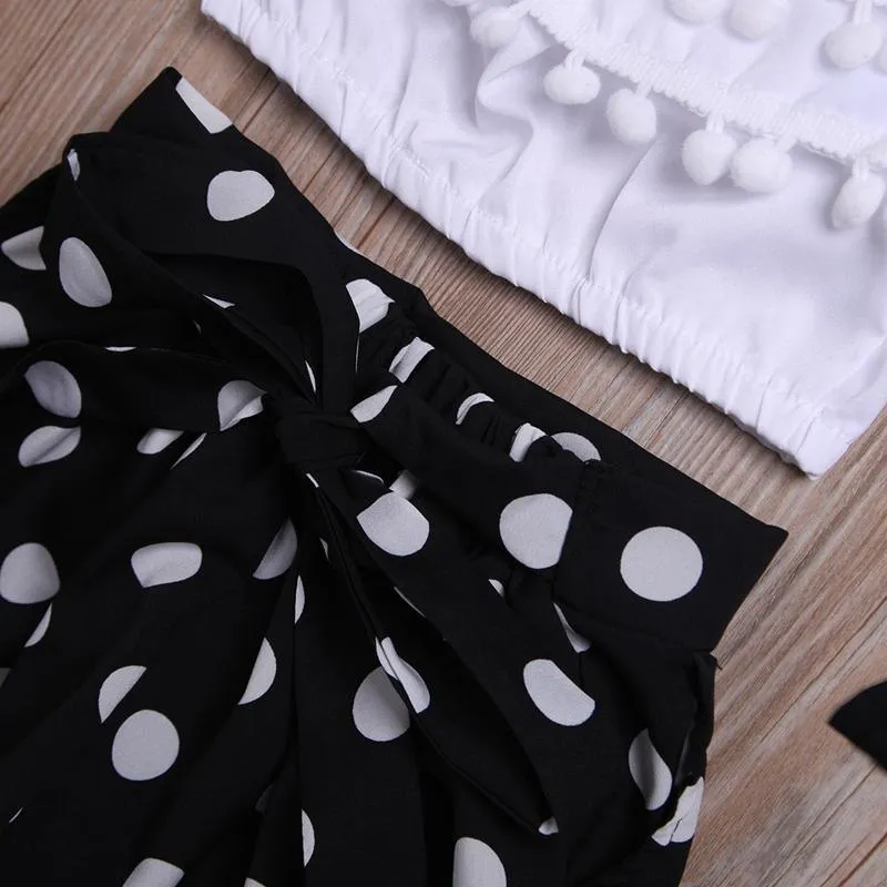 3-piece Solid Tassl Tops & Polka Dot Pants & Headband for Toddler Girl