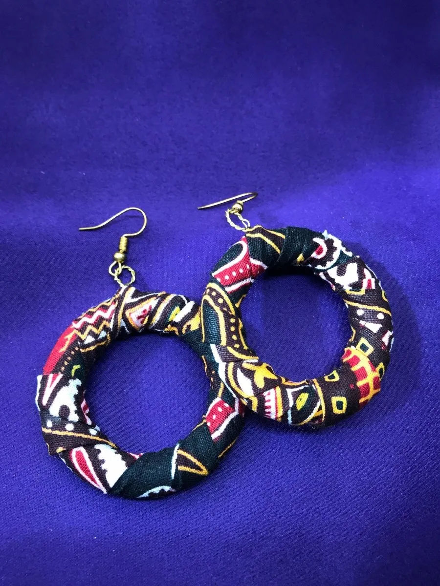 African Fabric Hoops in Black Dashiki Print