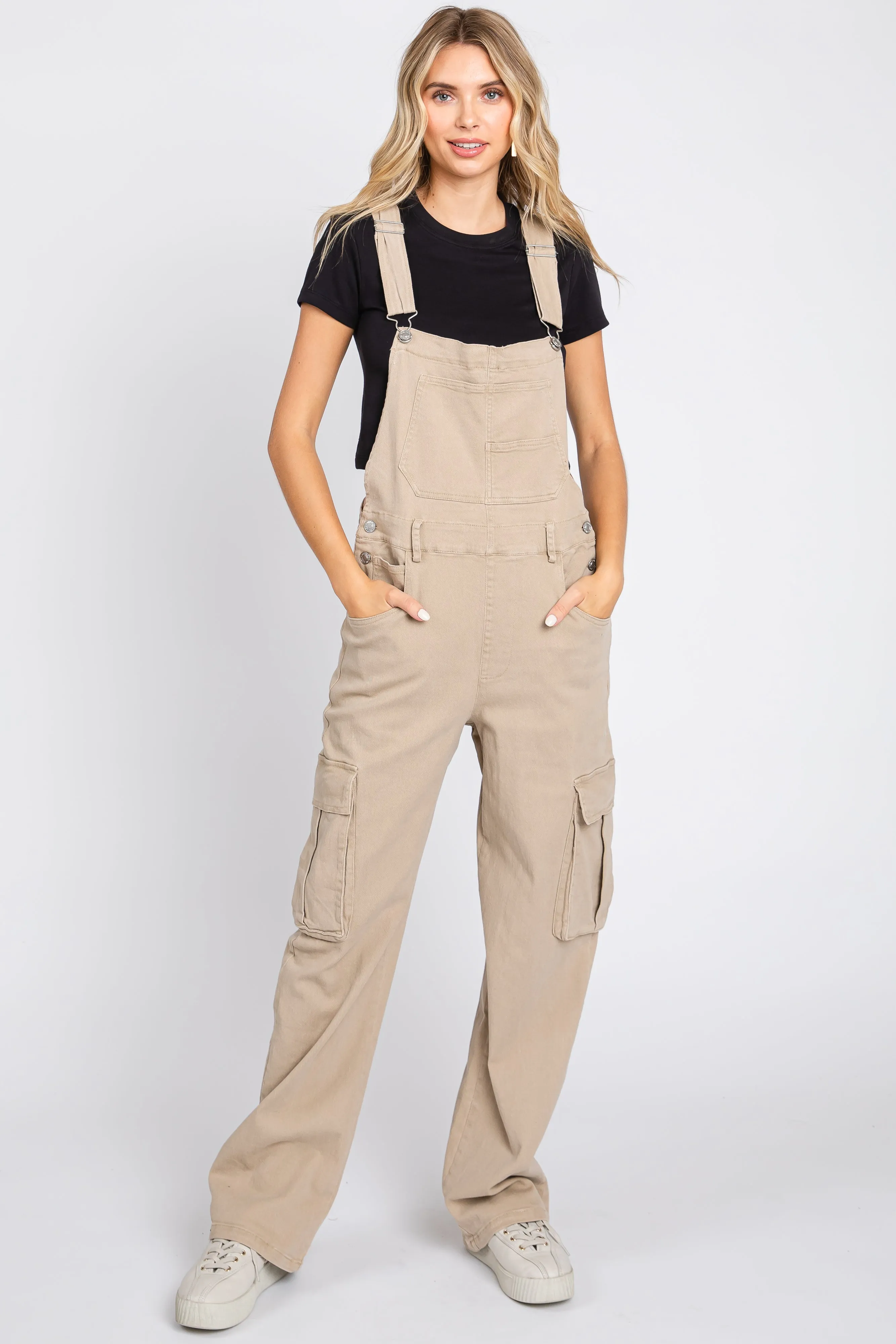 Beige Cargo Pocket Maternity Denim Overalls