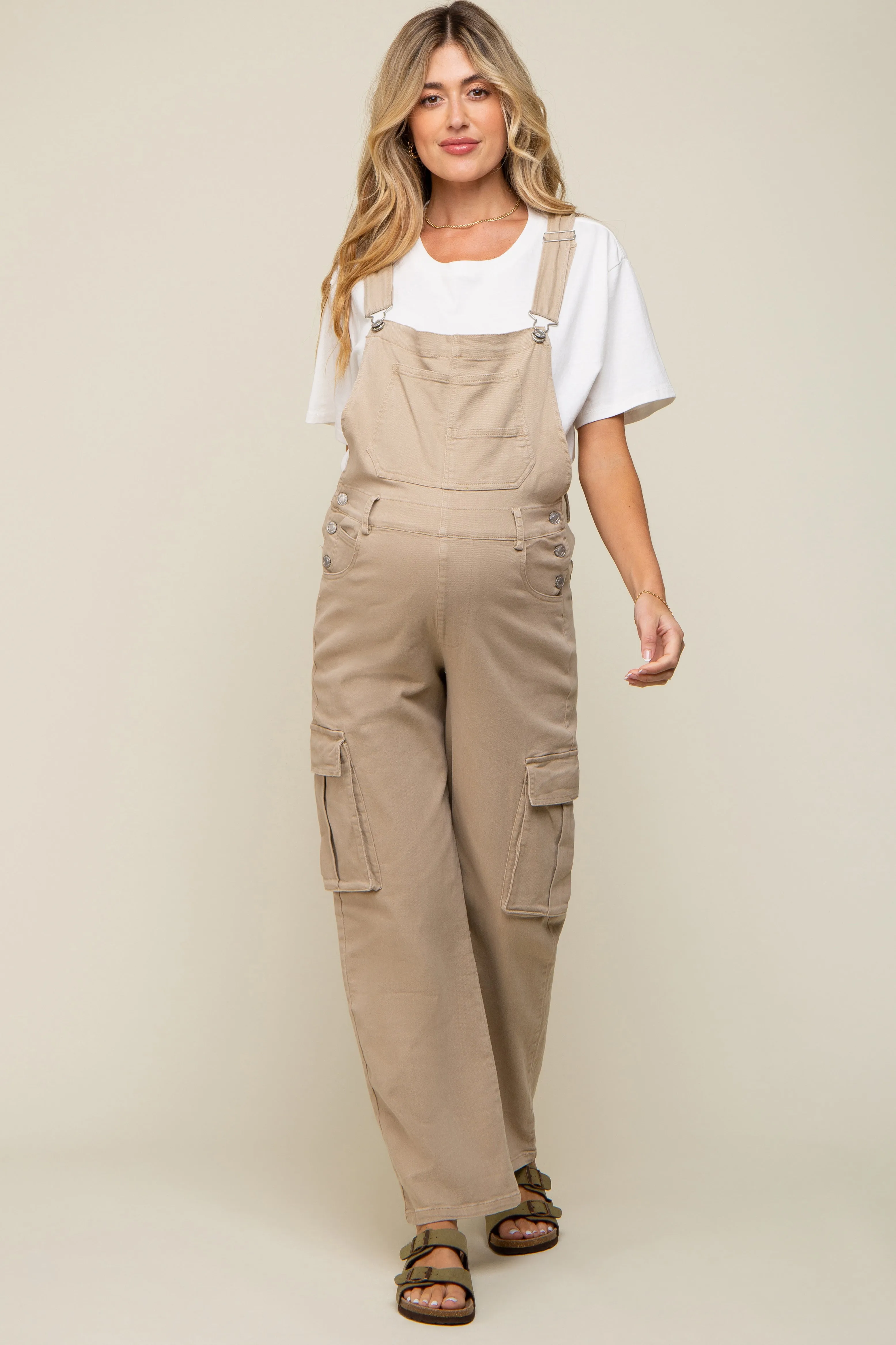 Beige Cargo Pocket Maternity Denim Overalls