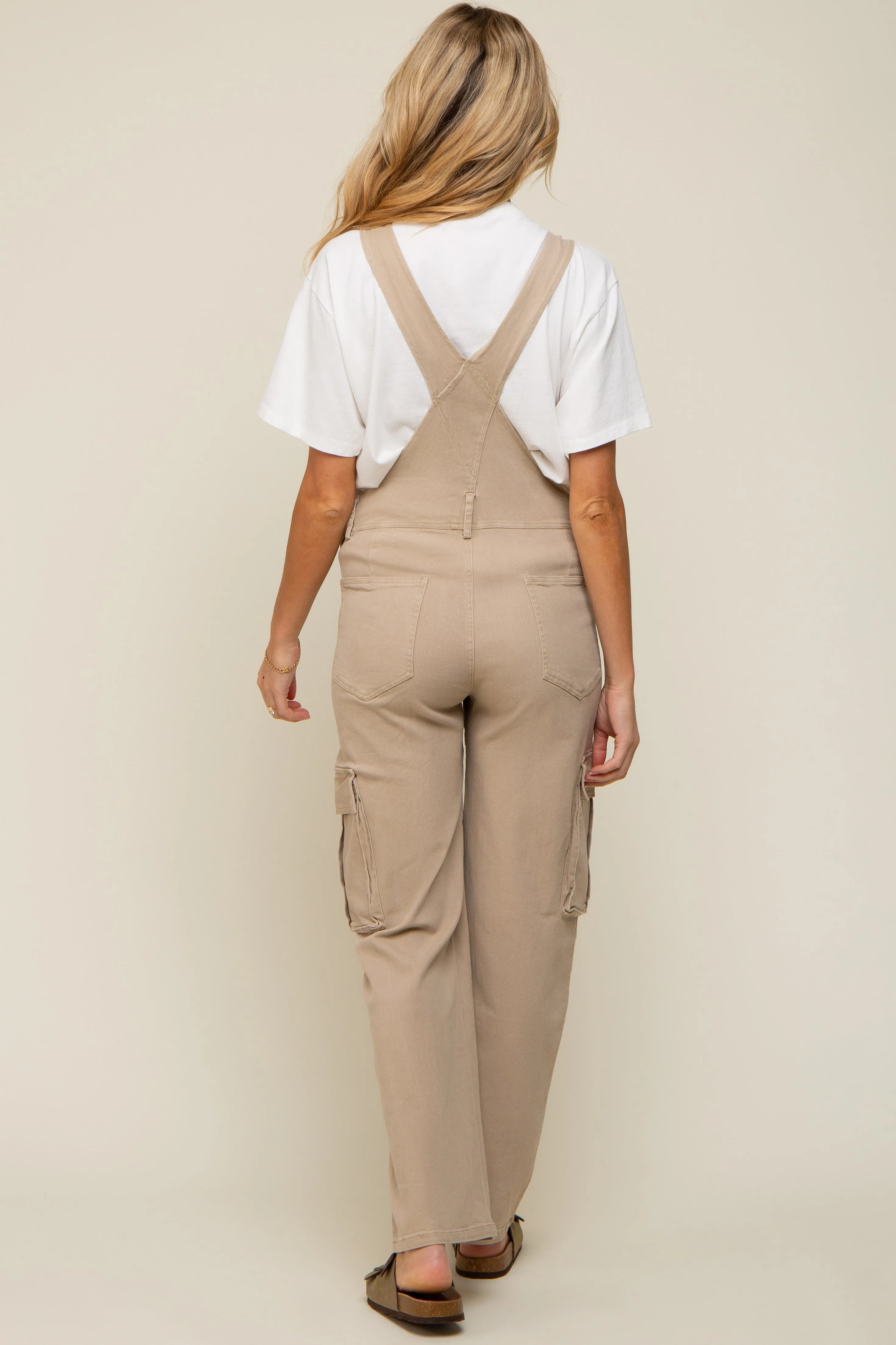 Beige Cargo Pocket Maternity Denim Overalls