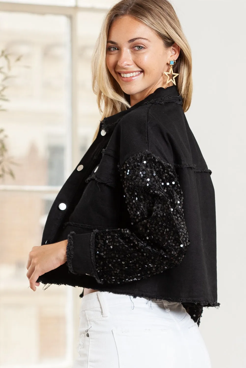 Black Sequin Sleeve Pocketed Raw Hem Denim Jacket