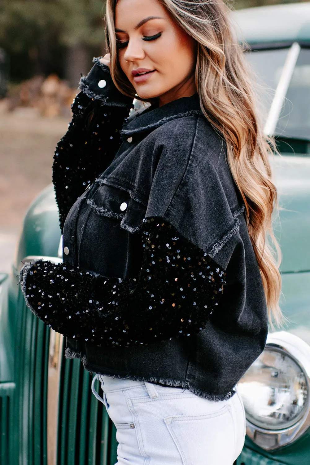 Black Sequin Sleeve Pocketed Raw Hem Denim Jacket