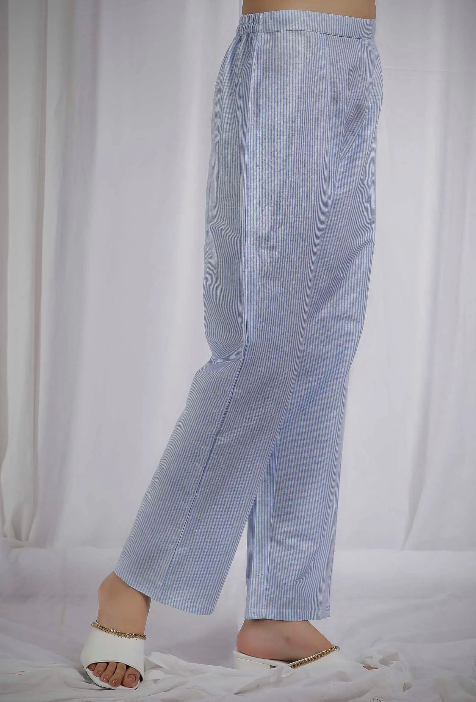 Blue Woven Cotton Striped Straight Pants