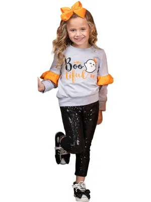 Boo-tiful Ruffle Sleeve Sweater And Sequin Legging Set