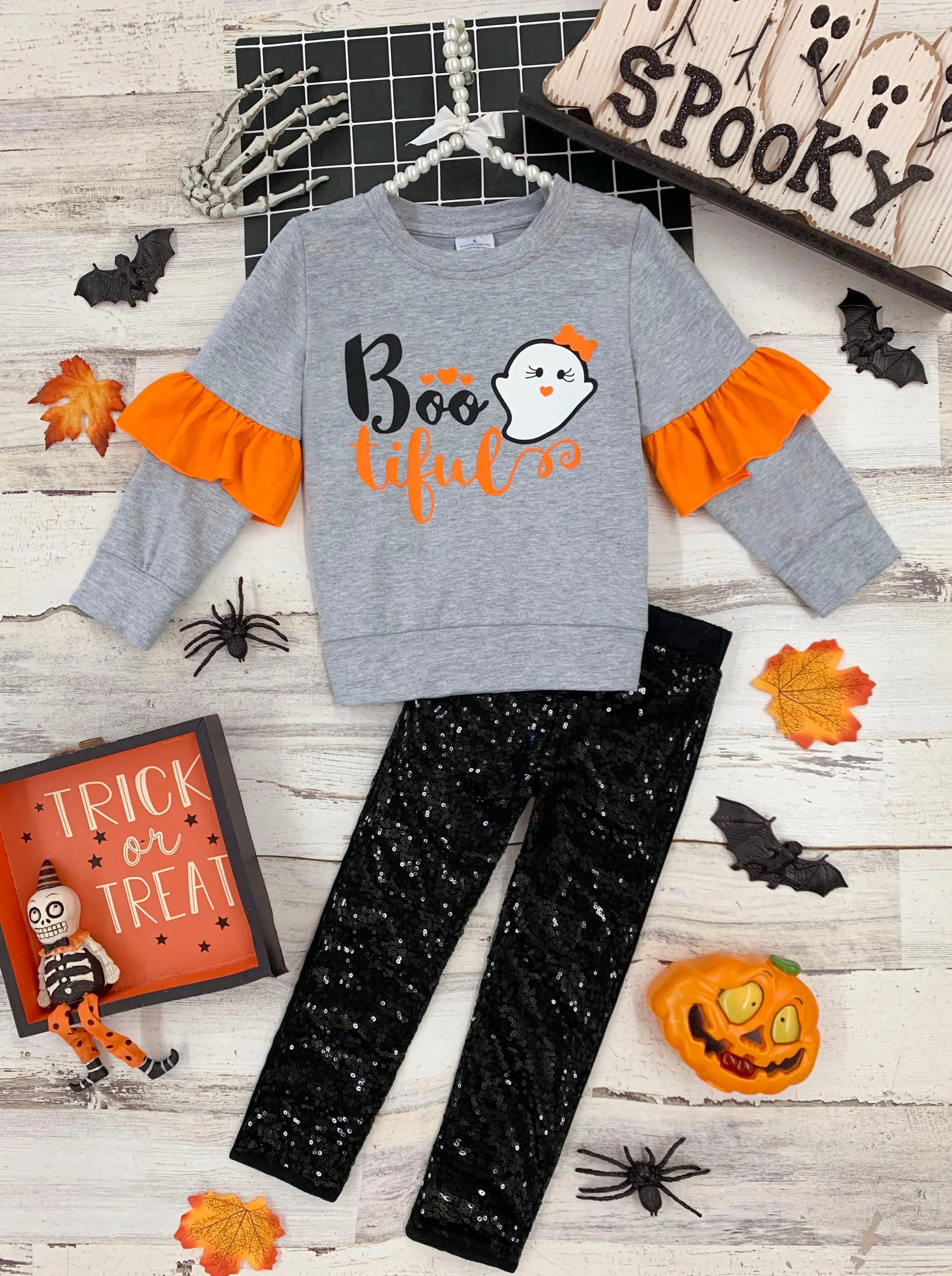 Boo-tiful Ruffle Sleeve Sweater And Sequin Legging Set