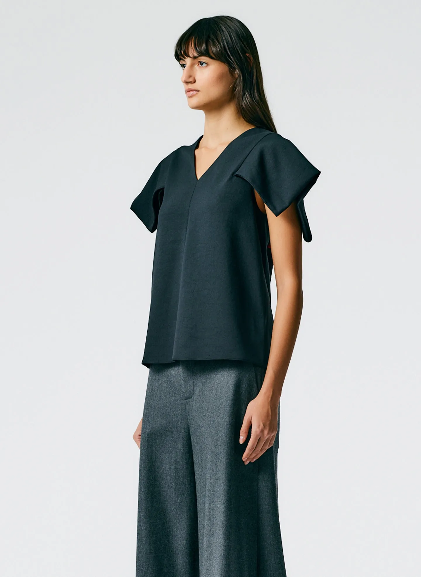 Chalky Drape V-Neck Top With Folded Sleeve