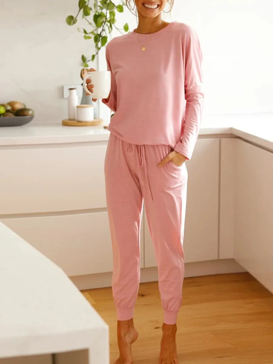 Comfortable Simple Casual Loose Round Neck Top Pants Set