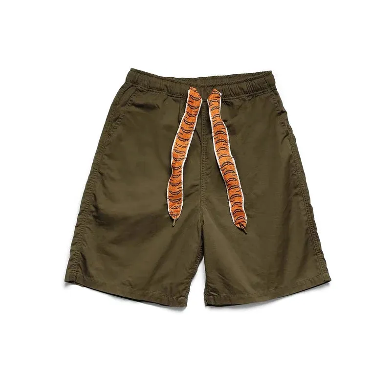 Cotton Tiger Pattern Elastic Drawstring Solid Color Army Green Overalls Shorts