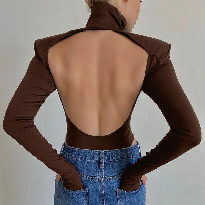 Cutout Back Long Sleeve High Cut Turtleneck Bodysuit - Coffee