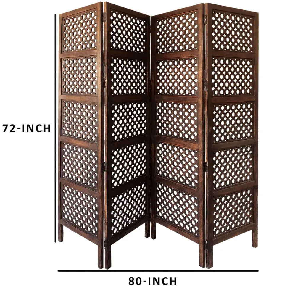 Decorative Four Panel Mango Wood Hinged Room Divider with Circular Cutout Design, Brown