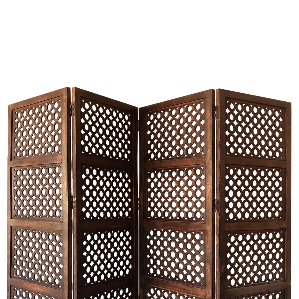 Decorative Four Panel Mango Wood Hinged Room Divider with Circular Cutout Design, Brown