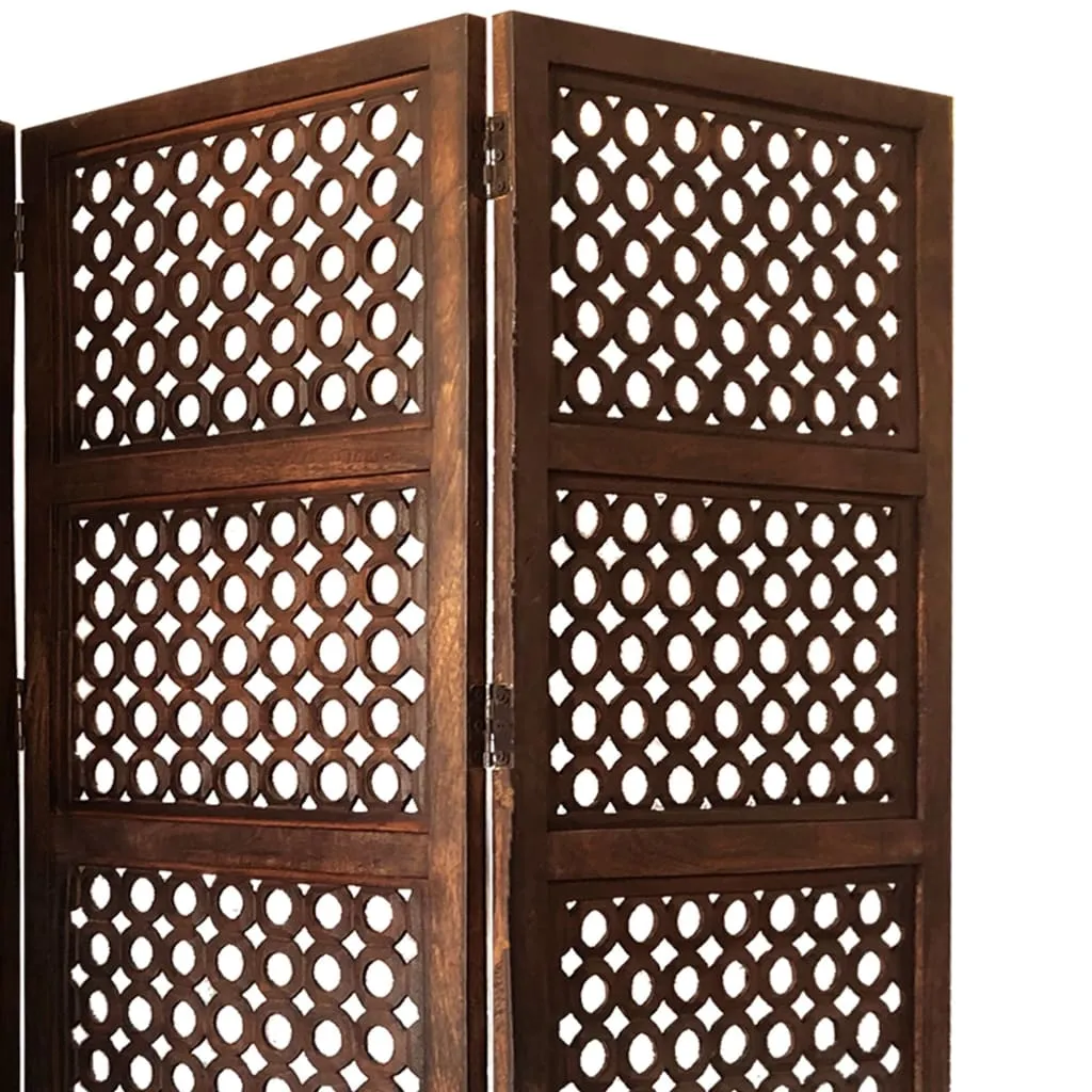 Decorative Four Panel Mango Wood Hinged Room Divider with Circular Cutout Design, Brown