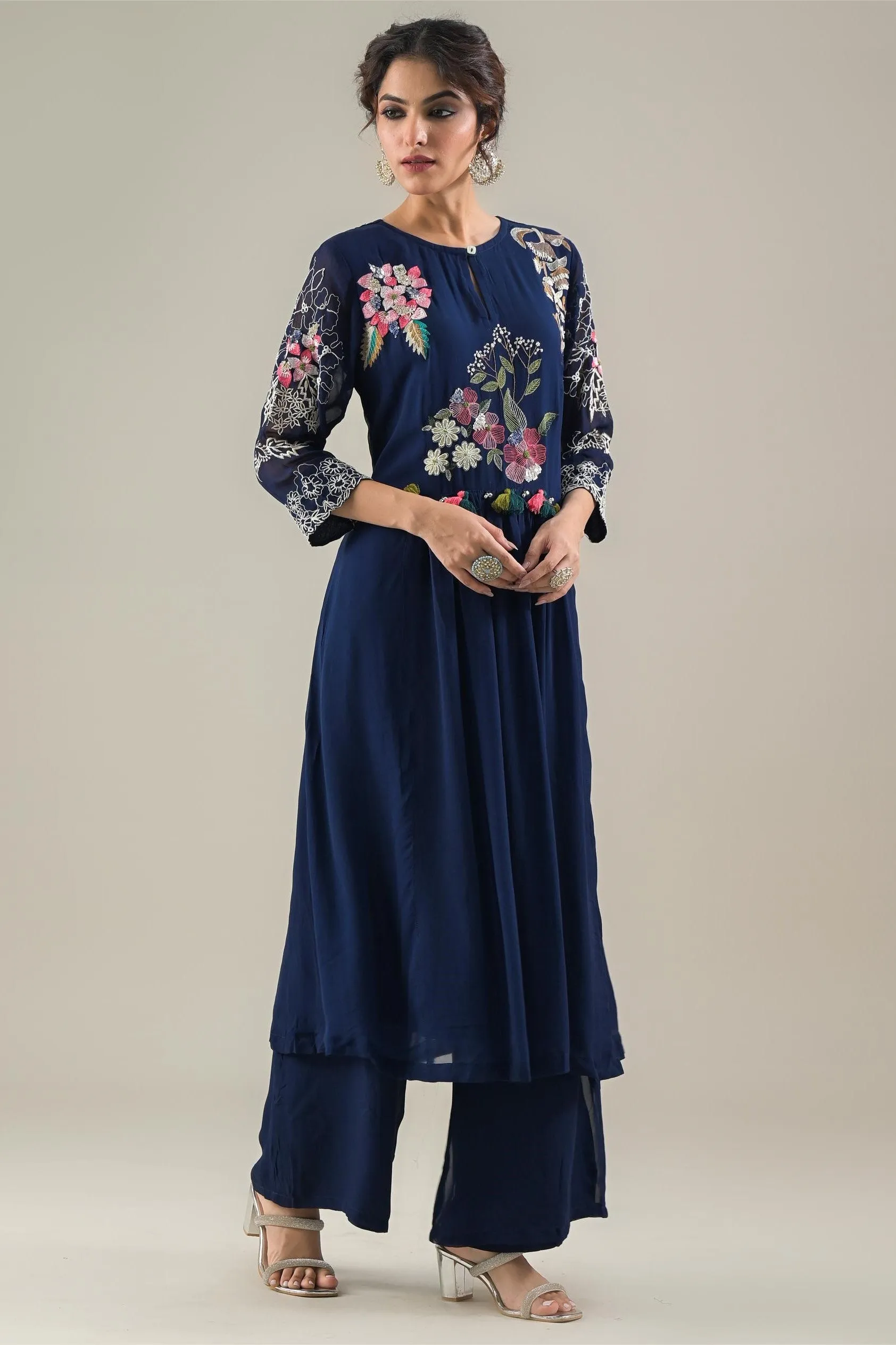 Deep Blue Embroidered Georgette Silk Kurta & Pants Set