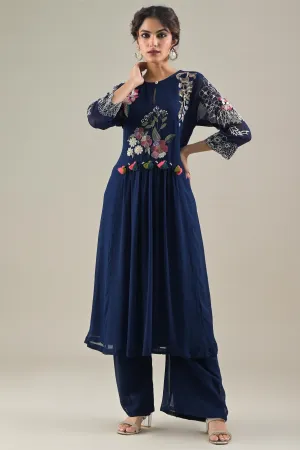 Deep Blue Embroidered Georgette Silk Kurta & Pants Set