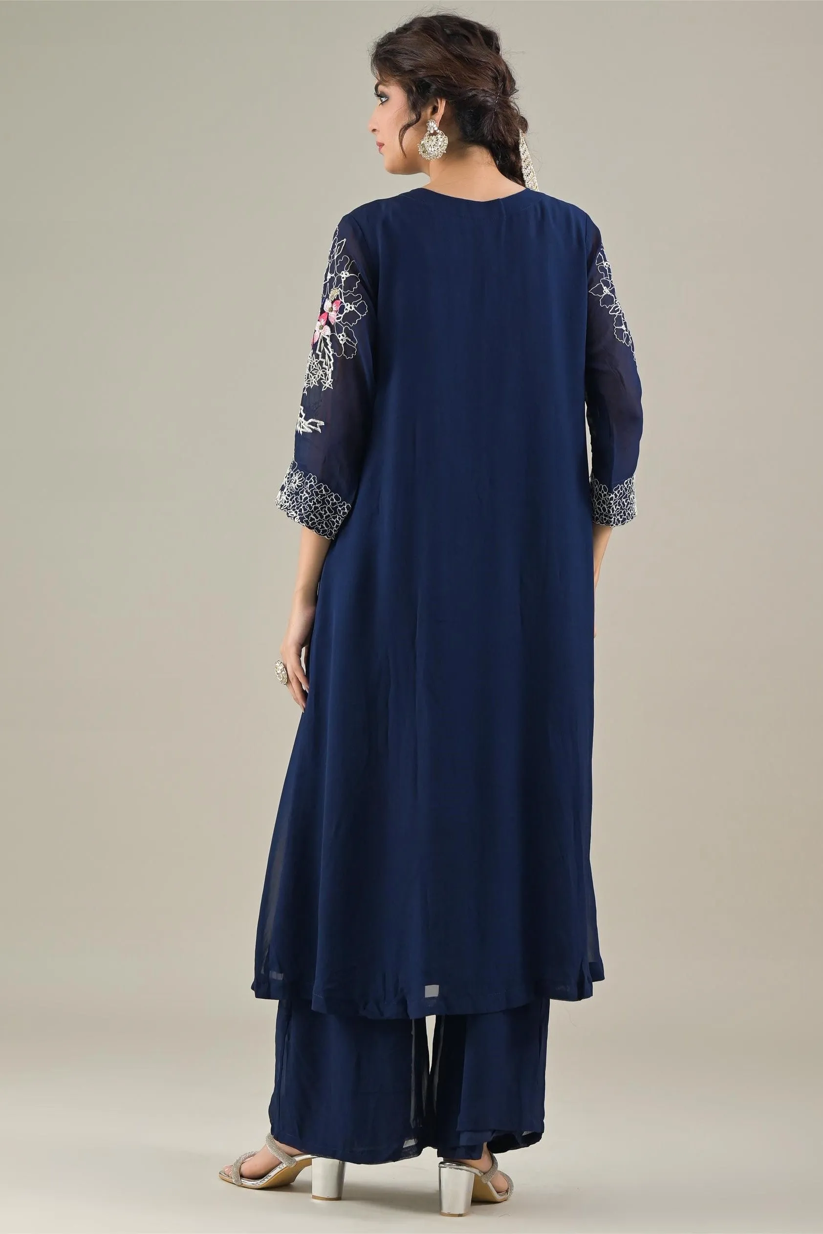 Deep Blue Embroidered Georgette Silk Kurta & Pants Set