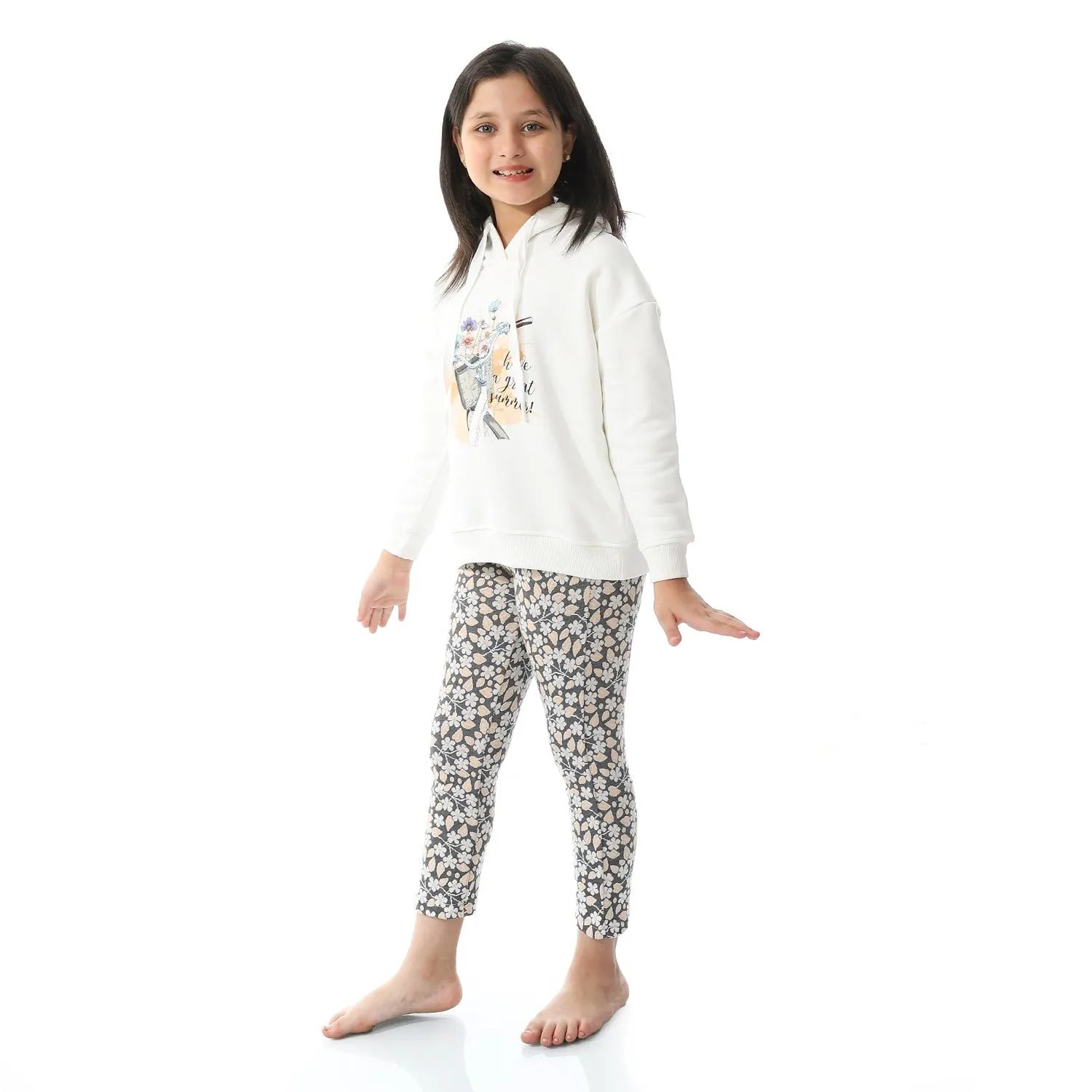 Girls' Winter Printed Hoodie Pajama Pants - Off White