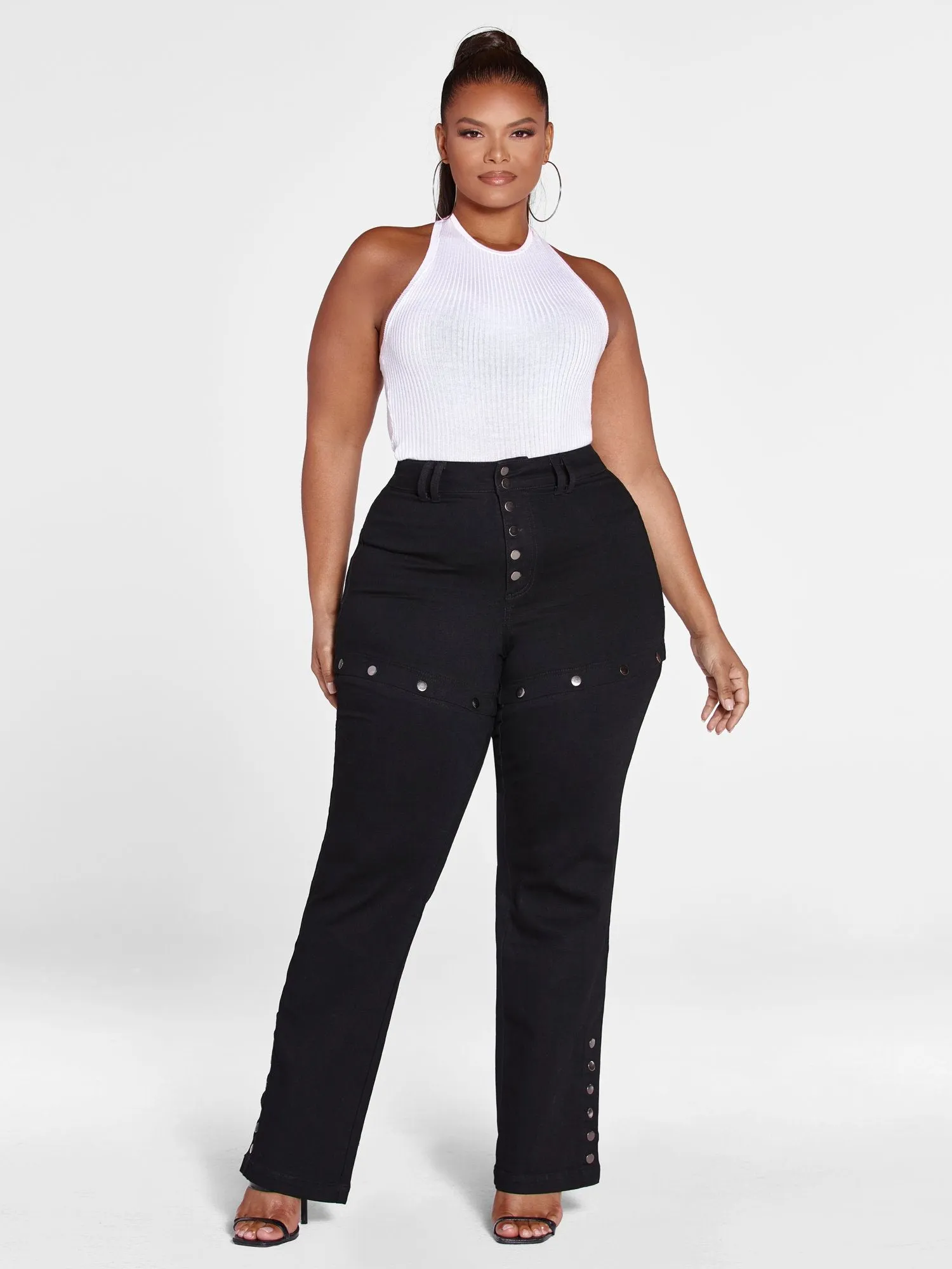 High Rise Snap Button Straight Leg Jeans