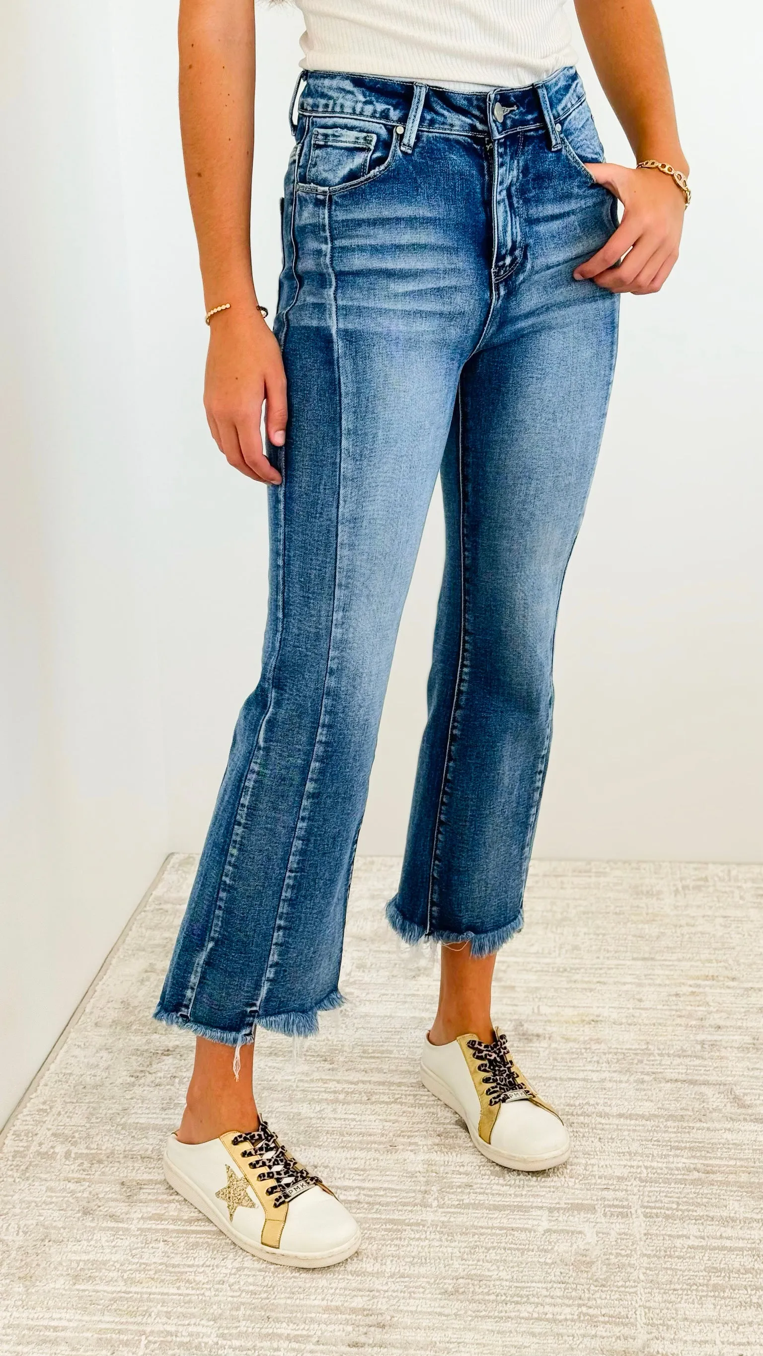 Hight Rise Hem Ankle Flare Jeans - Dark