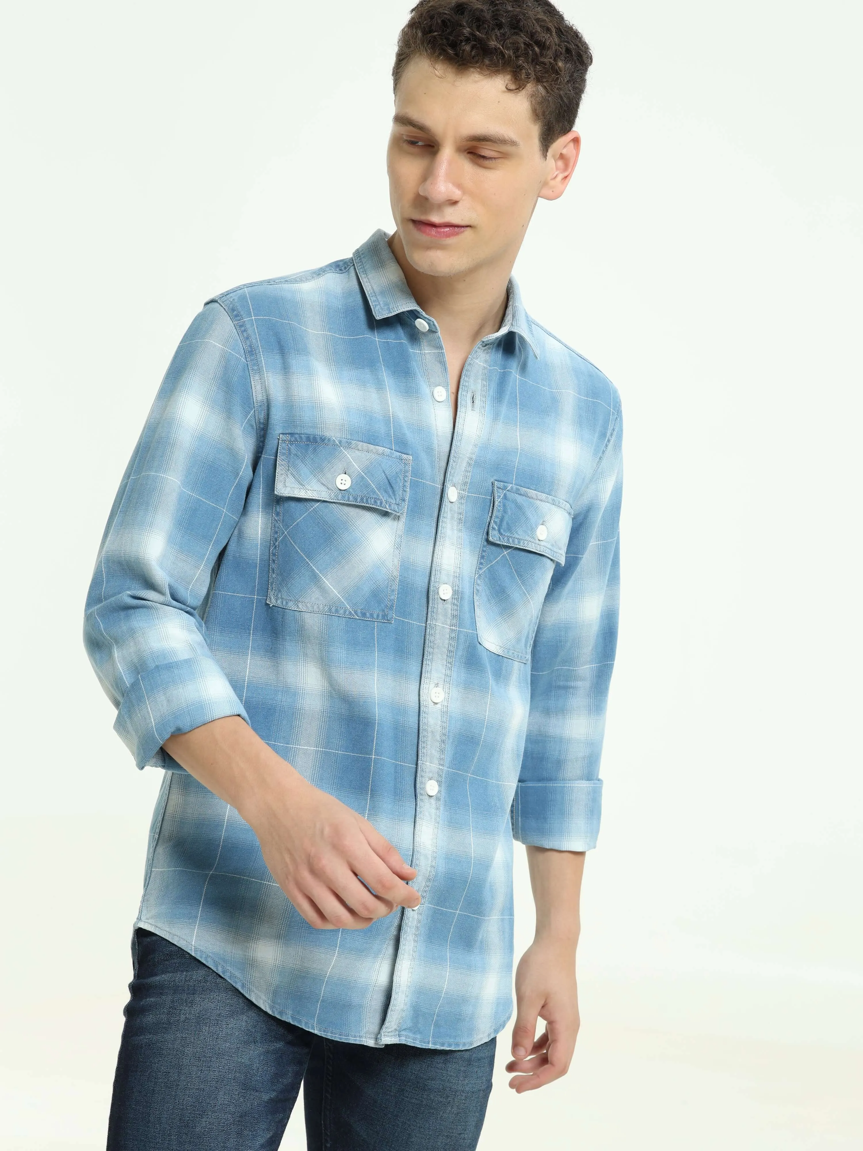 Indigo colored check double pocket shirt