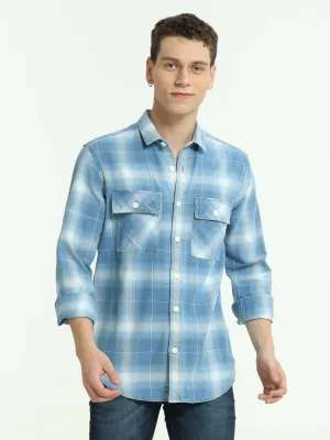 Indigo colored check double pocket shirt