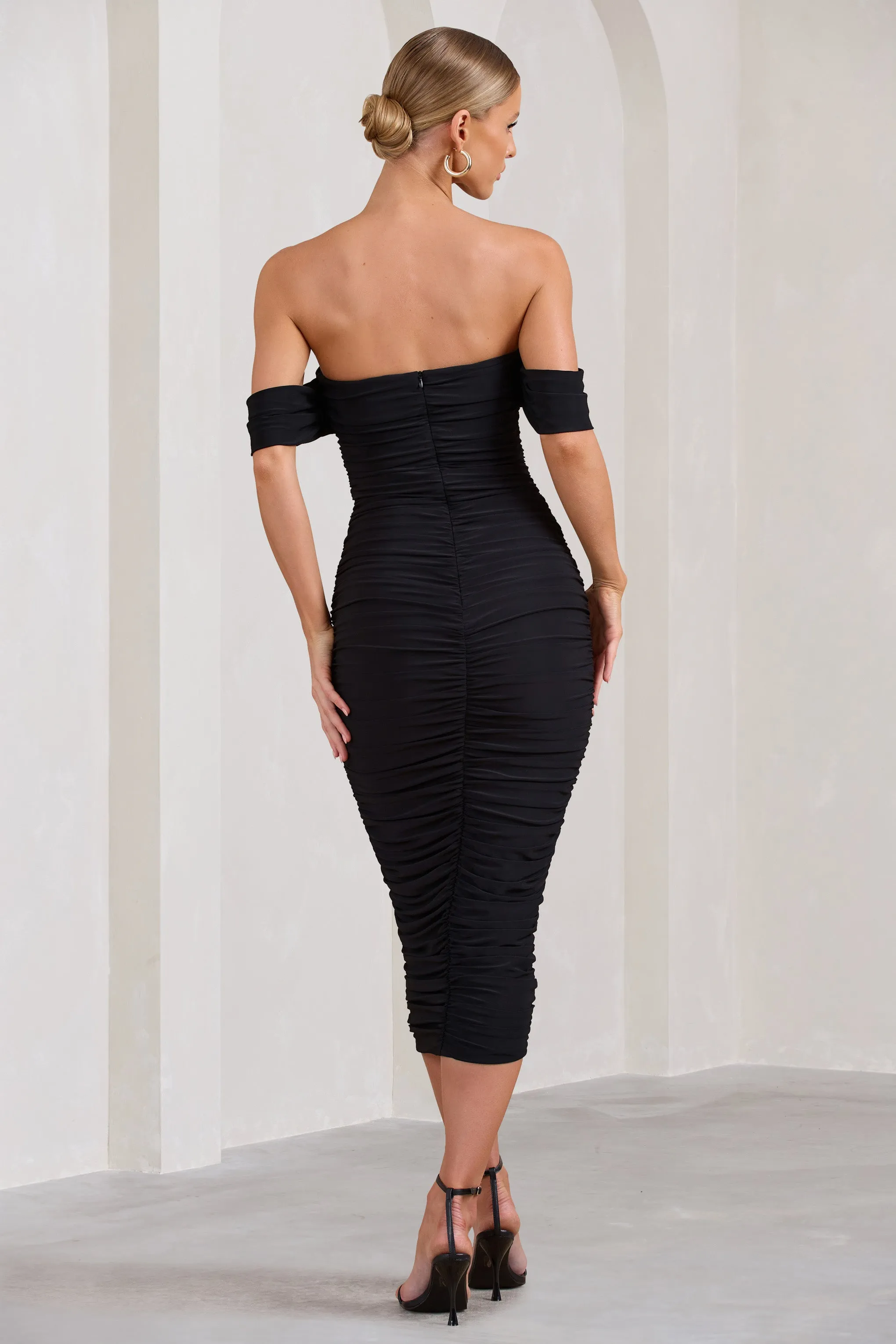 Lost For Words | Black Bardot Ruched Draped Midi Dress