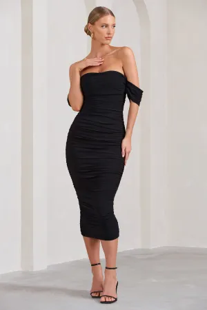 Lost For Words | Black Bardot Ruched Draped Midi Dress