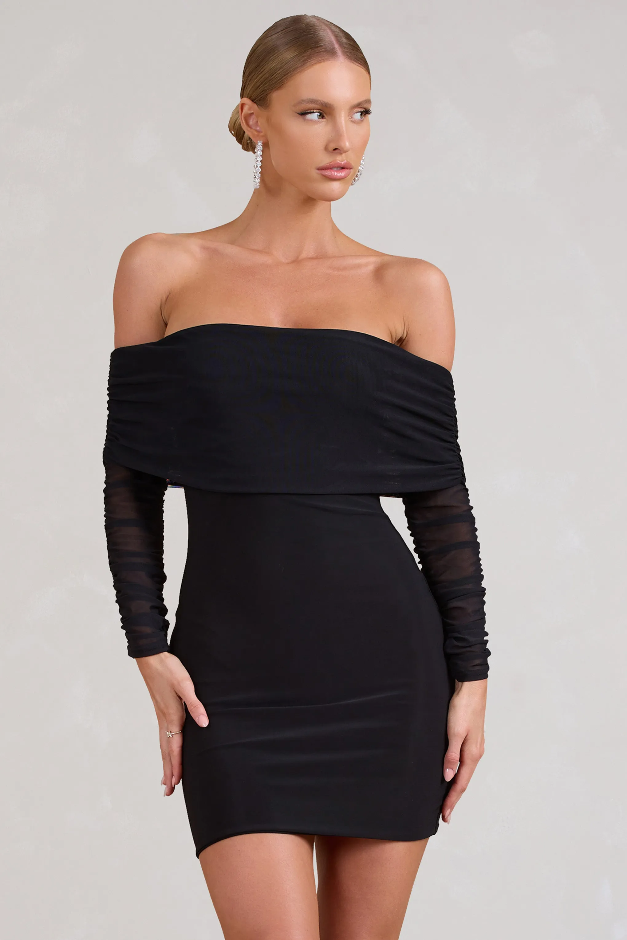 Minnie | Black Ruched Mesh Bardot Bodycon Mini Dress