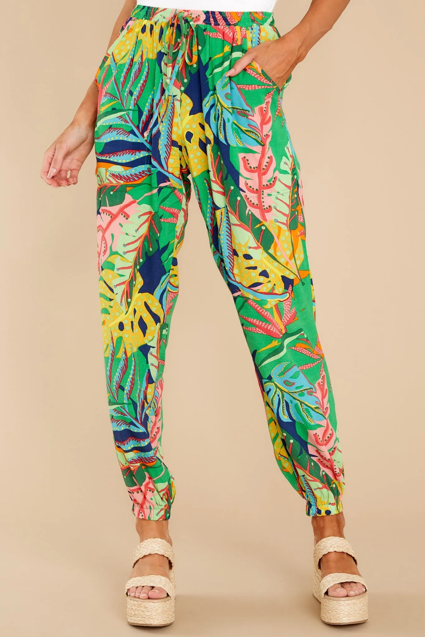 My Intuition Green Multi Tropical Print Joggers