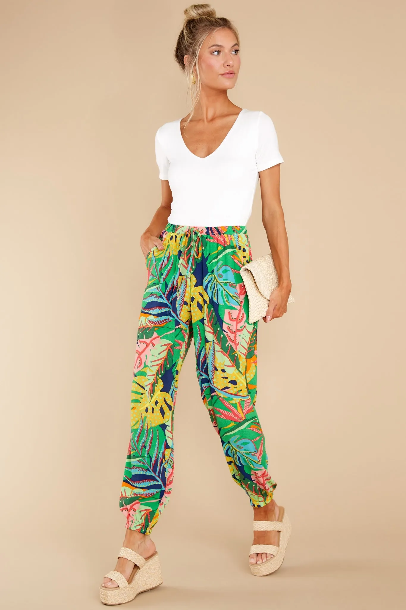 My Intuition Green Multi Tropical Print Joggers