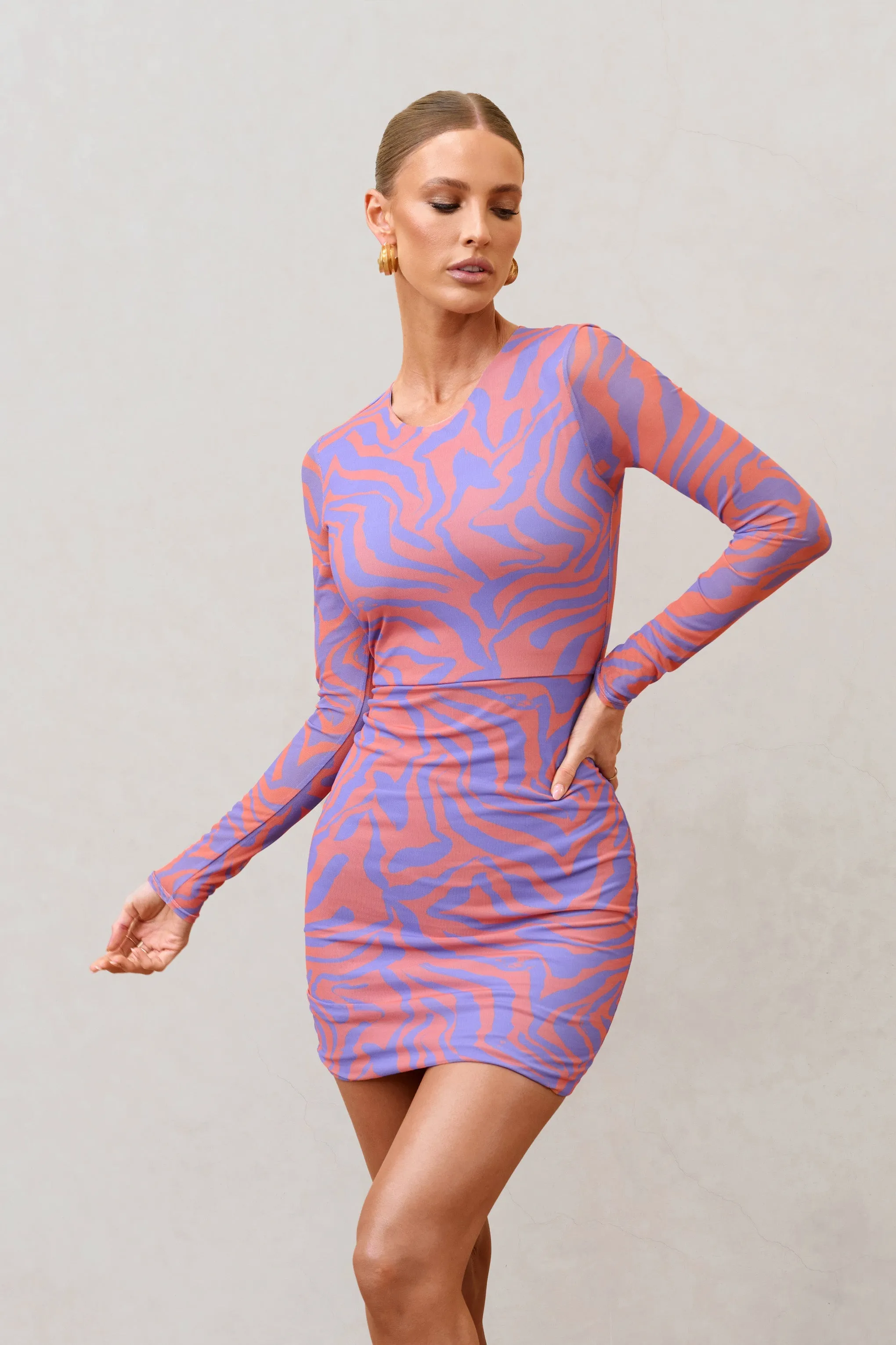 Night Sky | Orange Zebra Print Mesh Long Sleeves Mini Dress