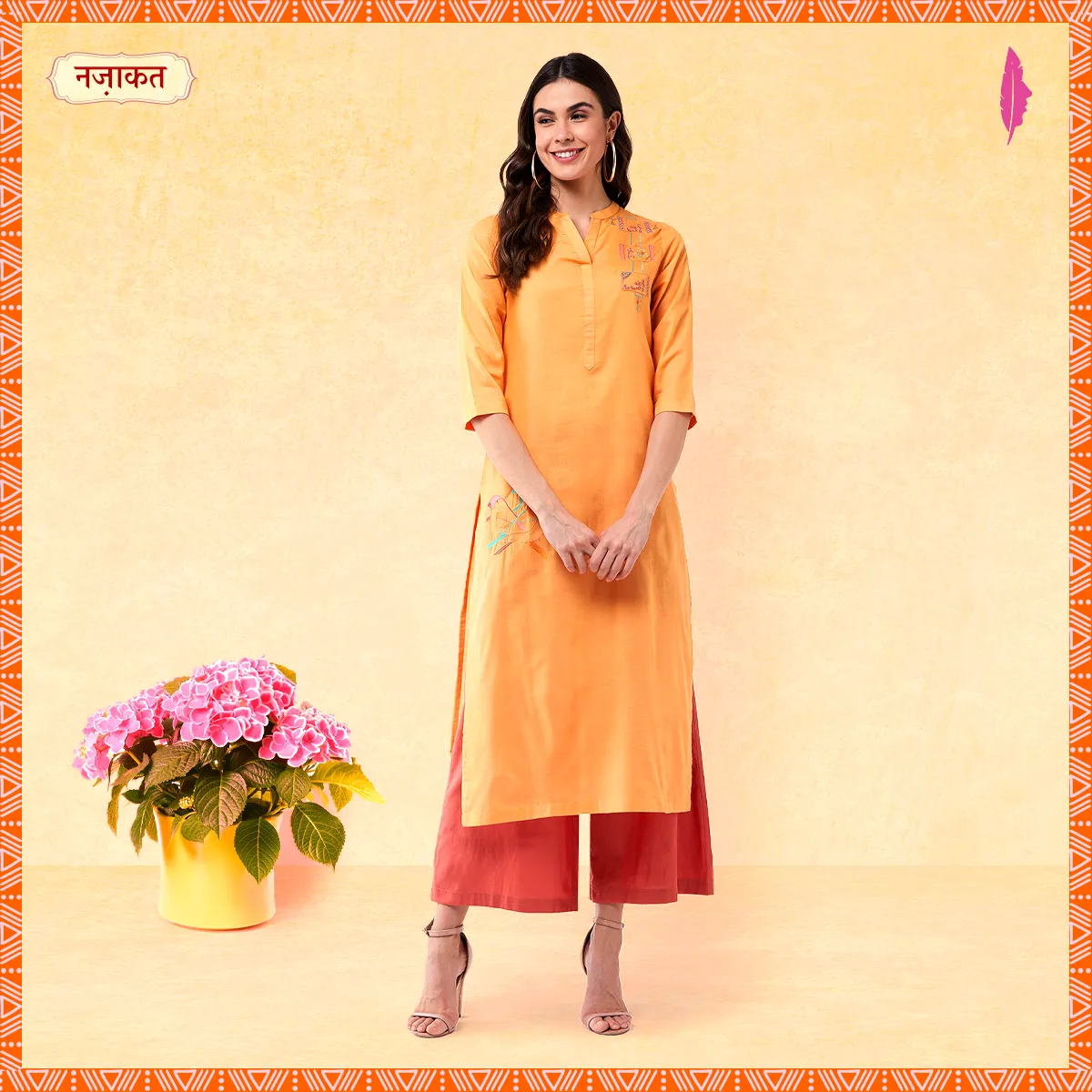 Orange Embroidered Quarter Sleeves Kurta With Pants