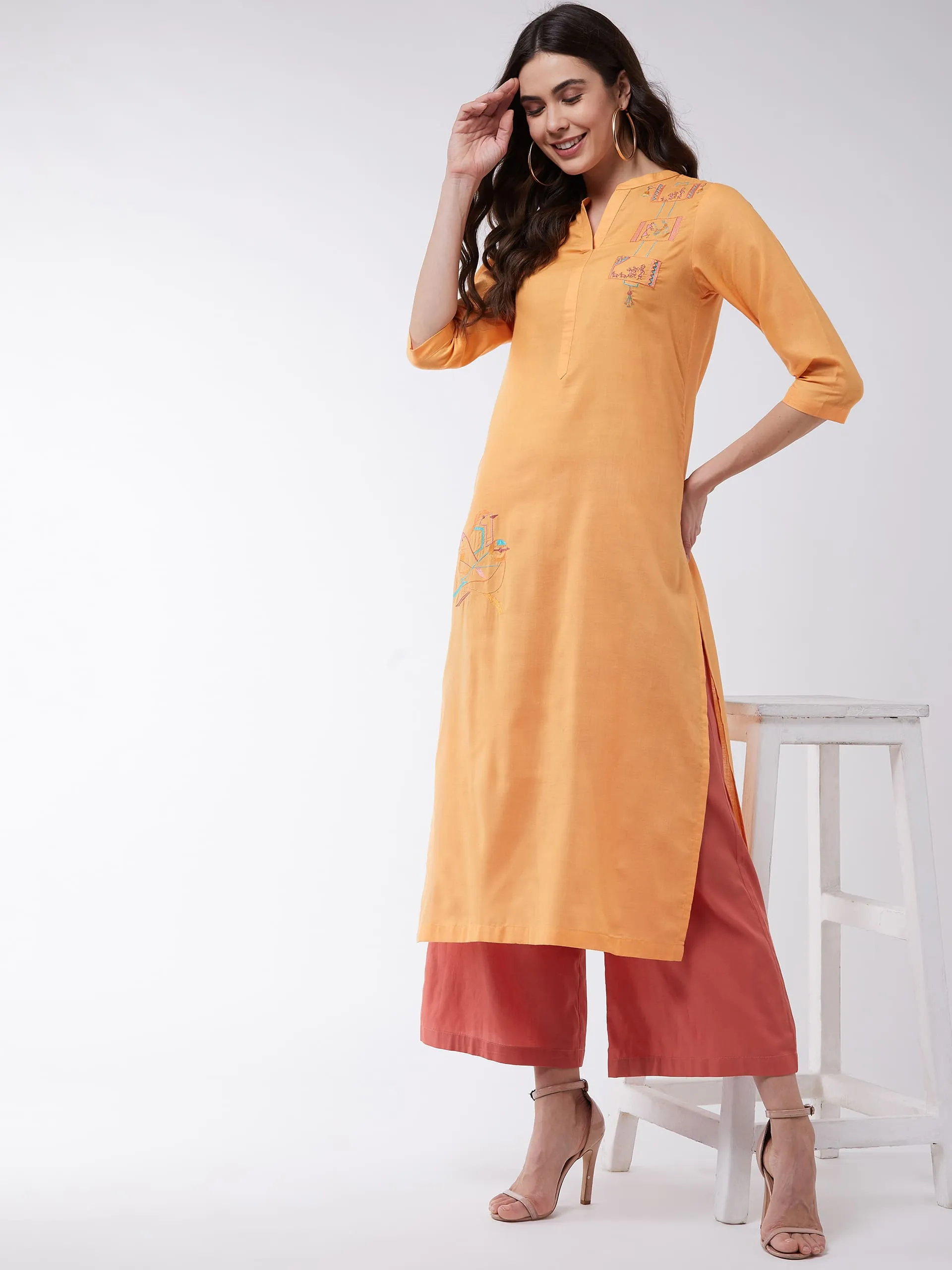 Orange Embroidered Quarter Sleeves Kurta With Pants