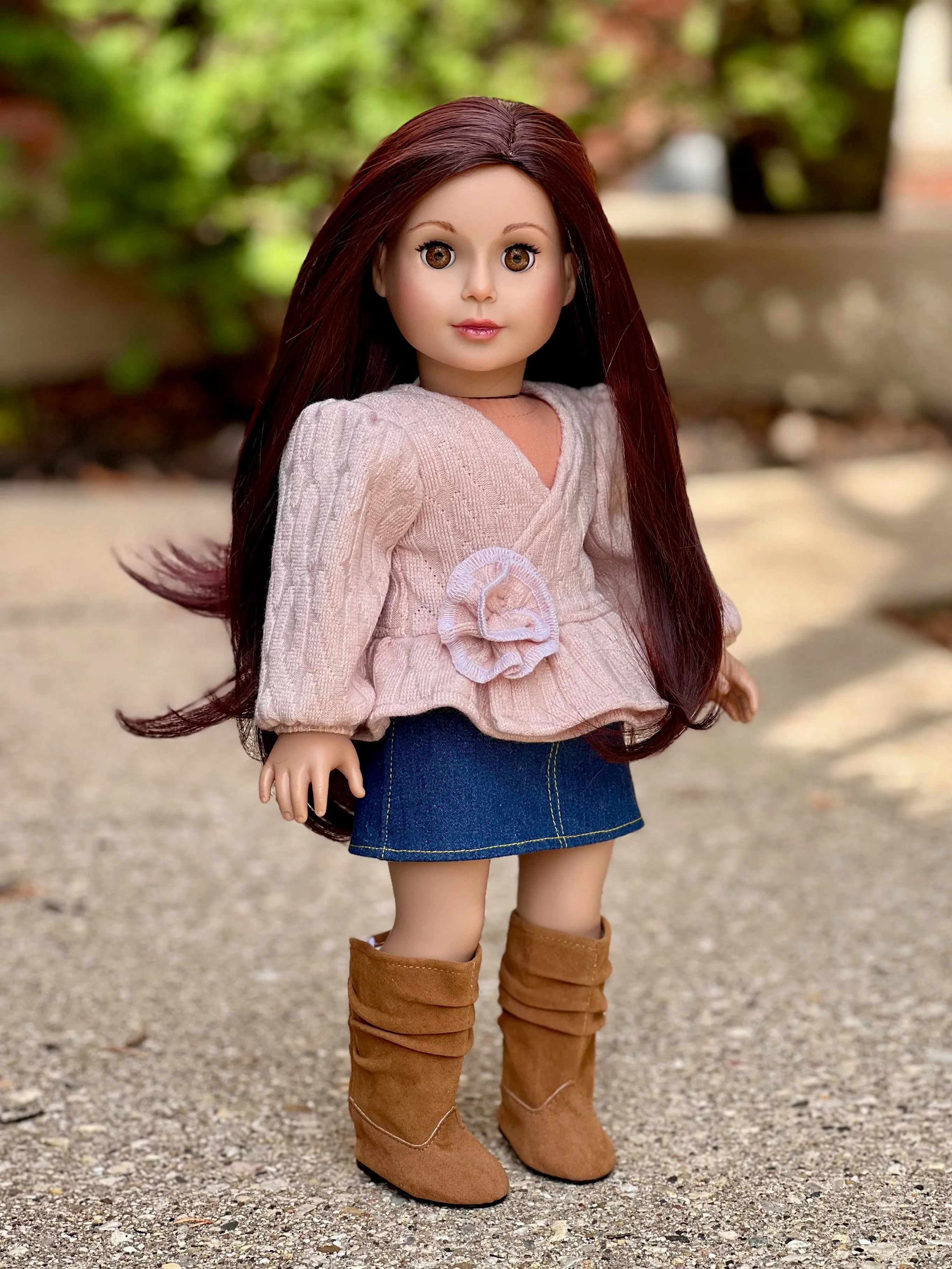 Passion for Fashion - 3 Piece Outfit for 18 Inch Doll - Pink Blouse, Denim Skirt and Brown Boots - 18 Inch Doll Cothes ( Doll Not Included)