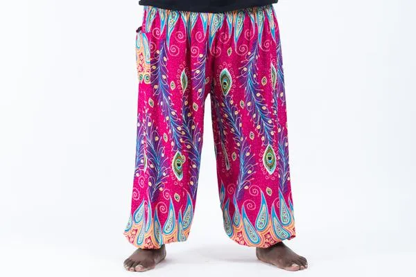 Plus Size Unisex Peacock Paisley Harem Pants in Pink