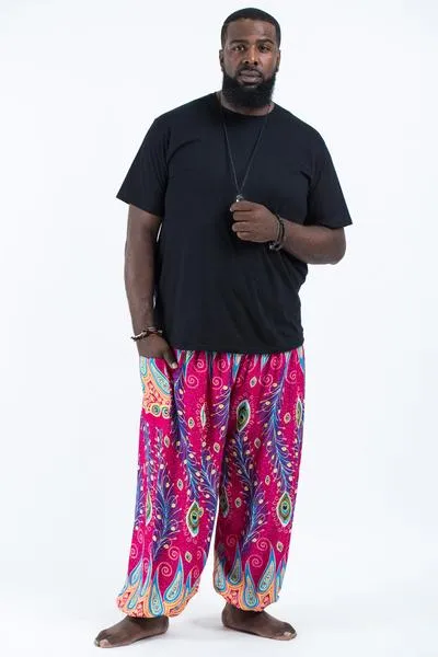 Plus Size Unisex Peacock Paisley Harem Pants in Pink