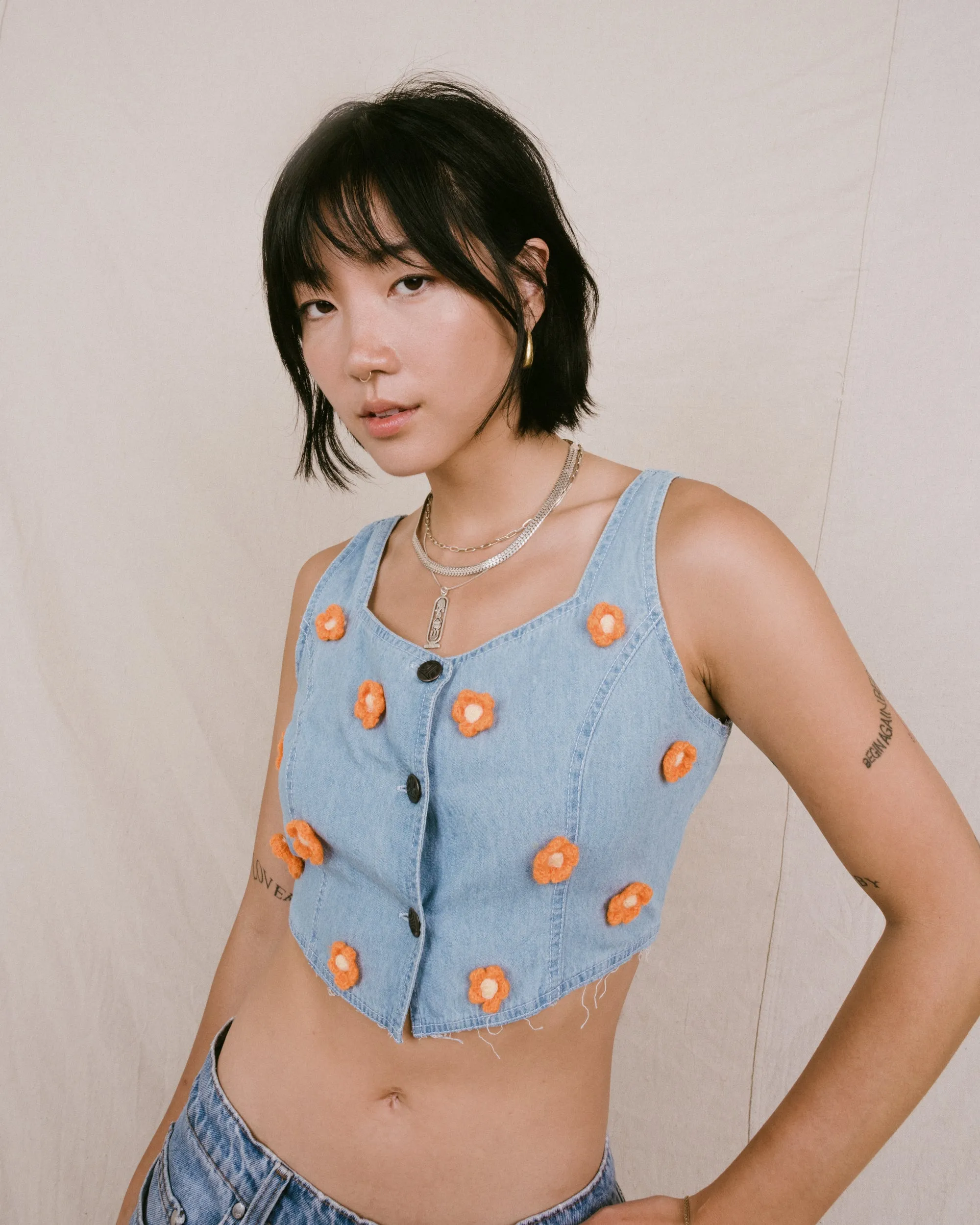 Remade Vintage Flower Denim Top