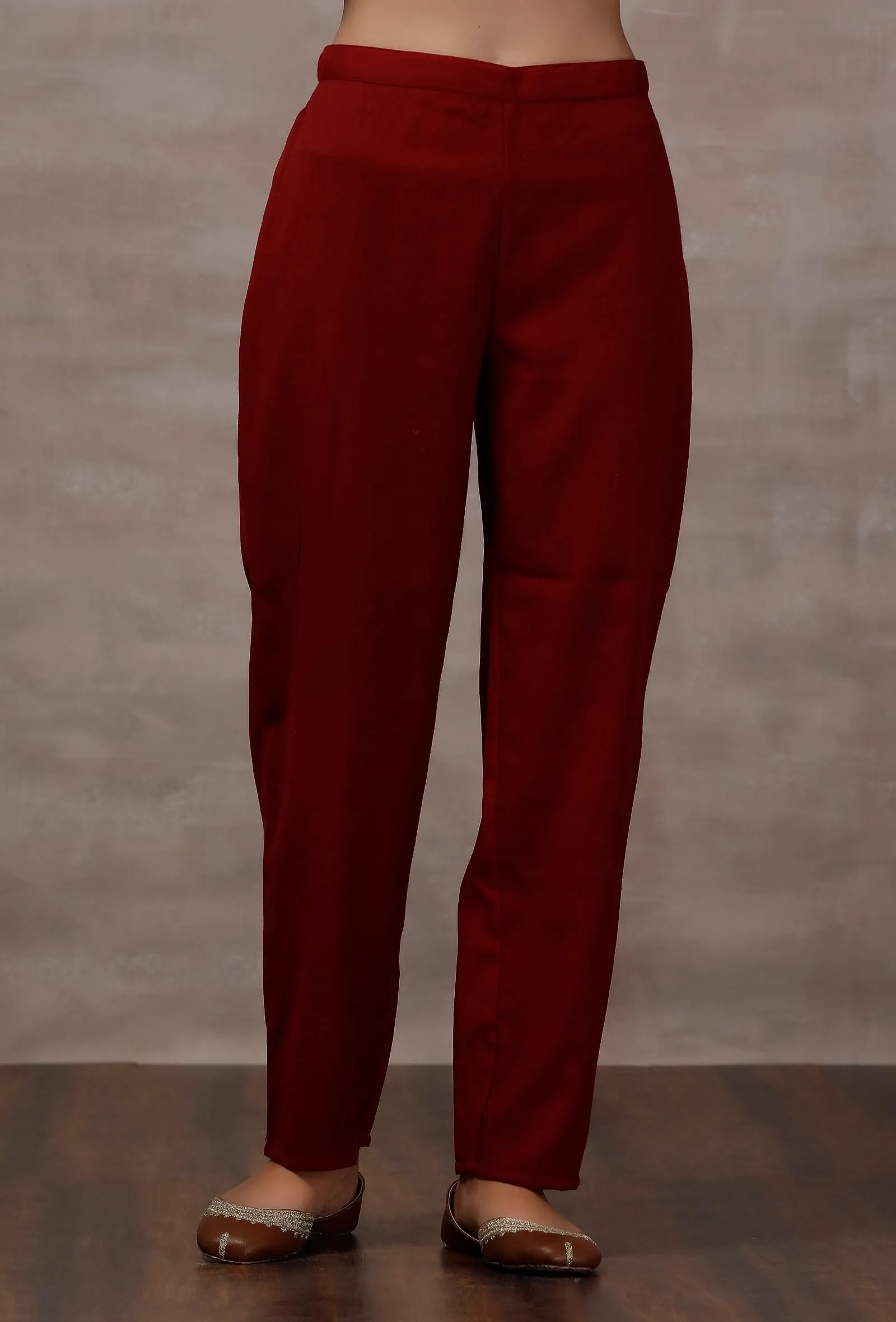 Set of 2: Lata Maroon Woollen A-Line Kurta With Wool Pants