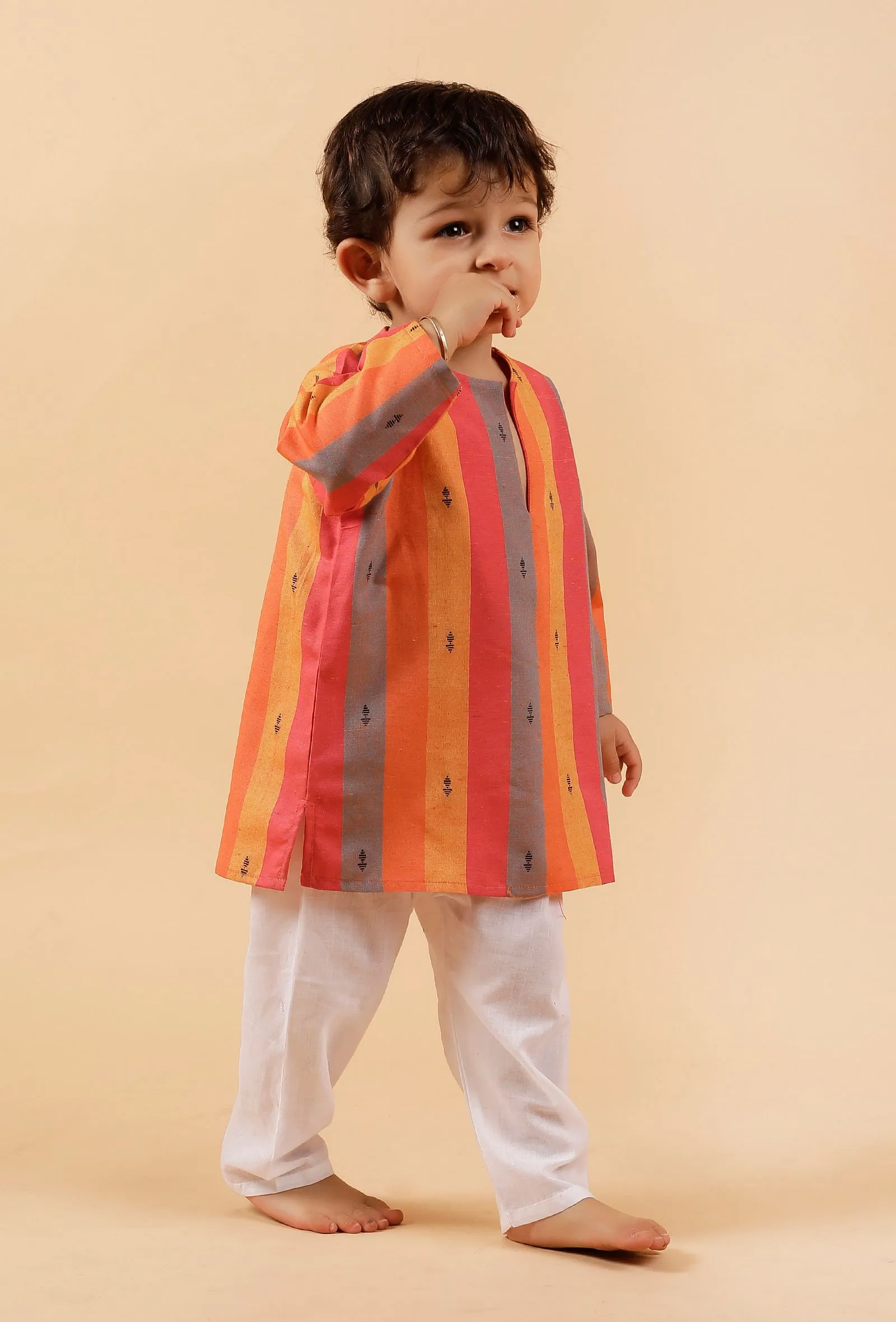 Set of 2: Orange Striped Woven Kurta With Off-white Pant