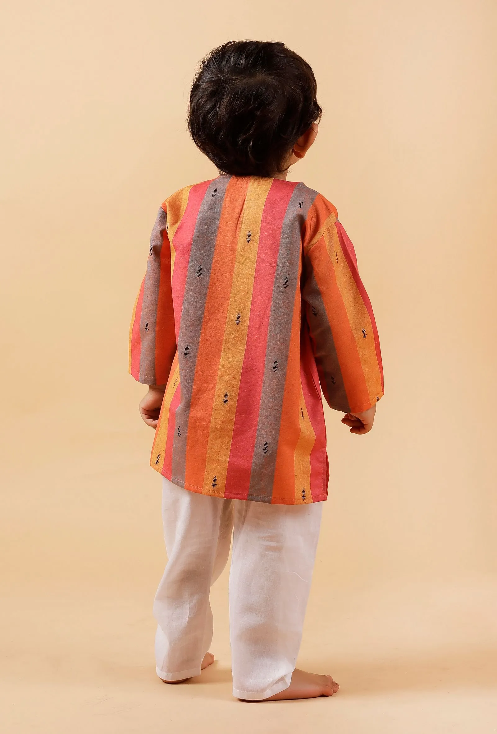 Set of 2: Orange Striped Woven Kurta With Off-white Pant