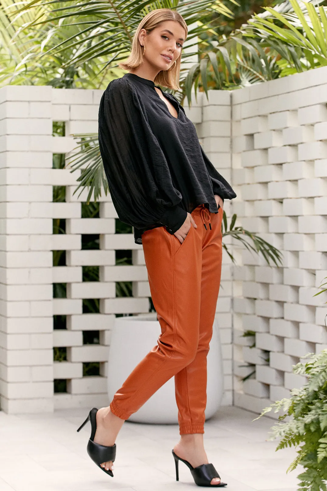 Sophia Faux Leather Pants in Burnt Orange