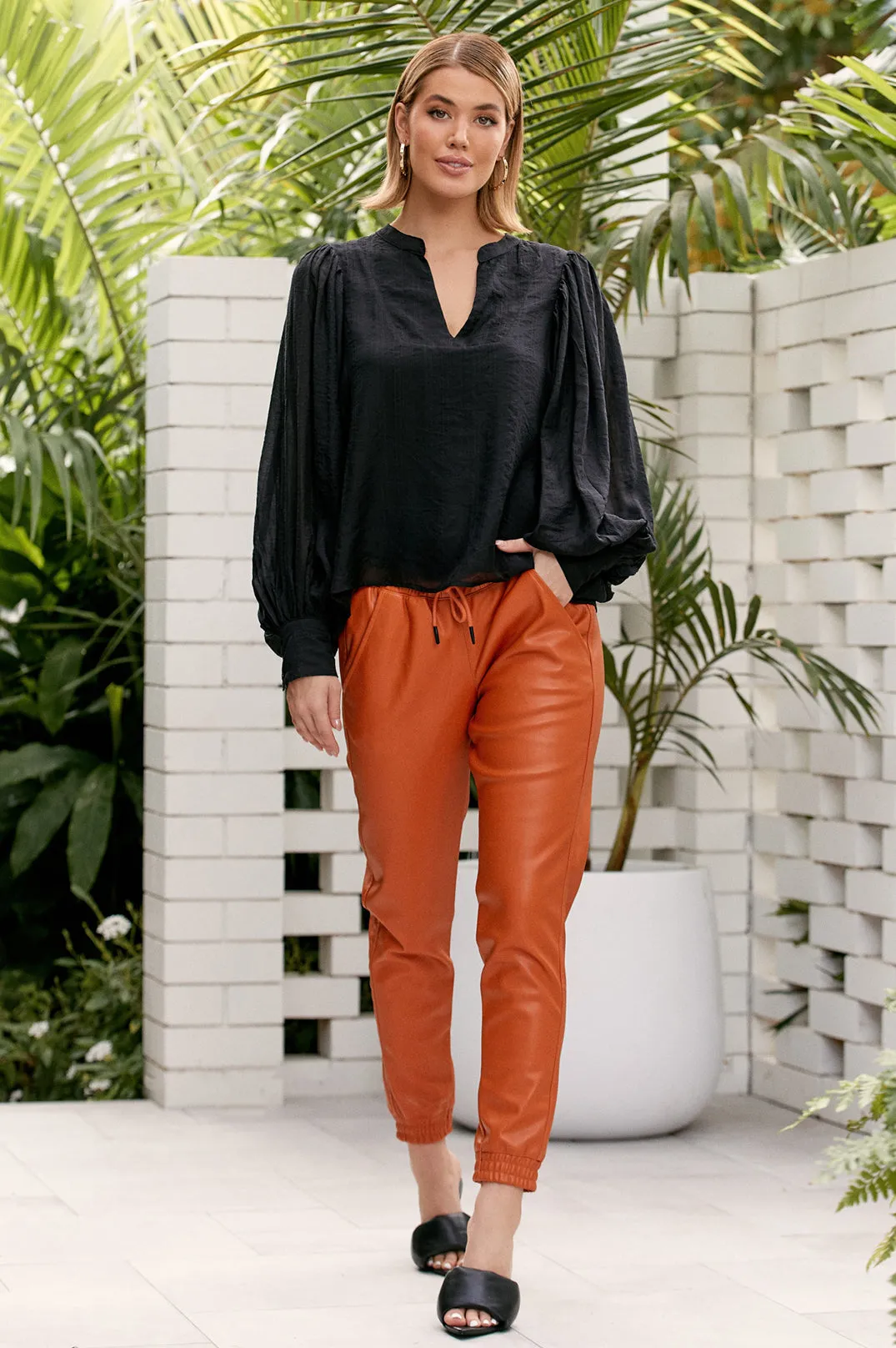 Sophia Faux Leather Pants in Burnt Orange