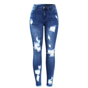 Stretchy Blue Tassel Ripped Denim Pants