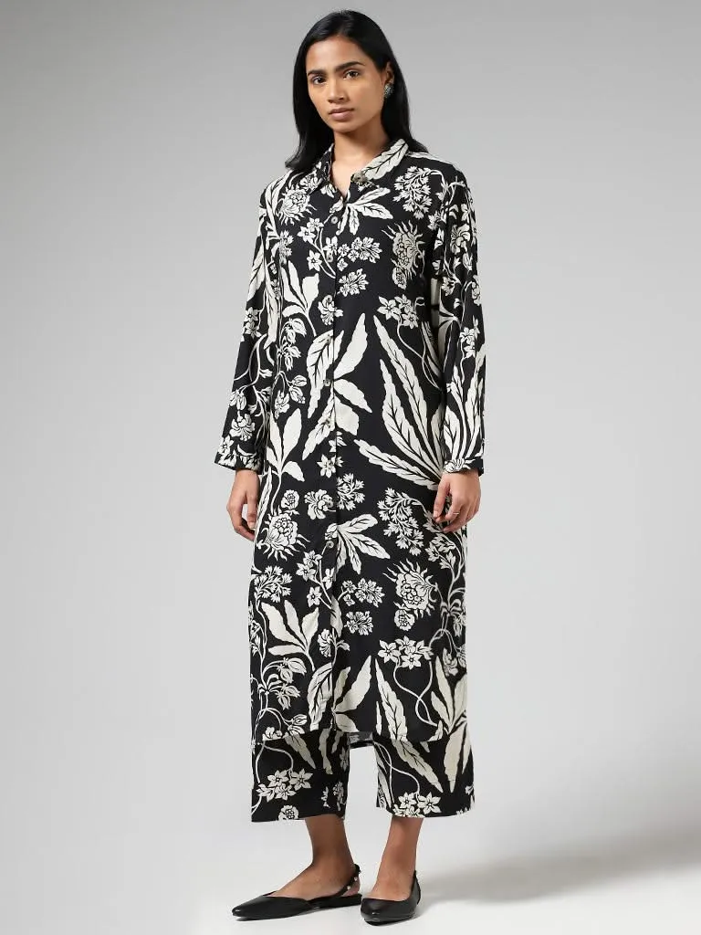 Utsa Black Floral Printed Wide-Leg Pants