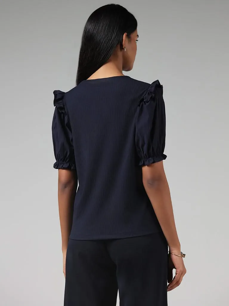 Wardrobe Solid Navy Ribbed Top