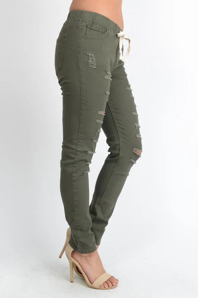 Women's Solid Thrashed Skinny Jogger Pants