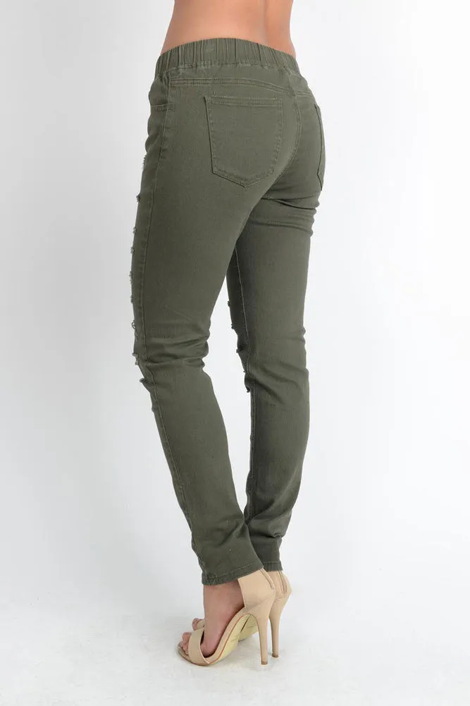 Women's Solid Thrashed Skinny Jogger Pants